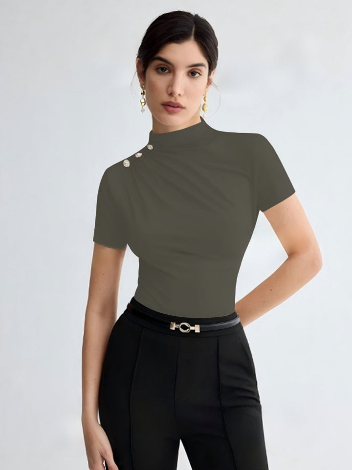 Damen elegantes Oberteil mit dekorativen Knopfdetails und modernem Stehkragen Drune