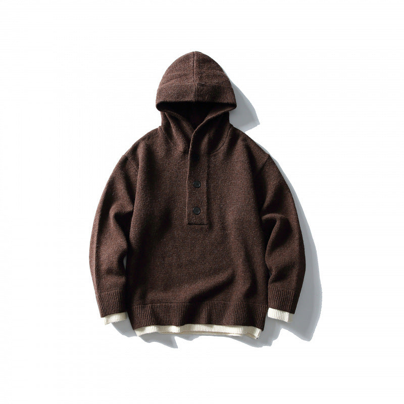 Unisex Strick‑Kapuzenpullover mit halber Knopfleiste, geripptem Saum und zweilagigem Abschluss Drune