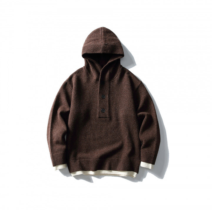Unisex Strick‑Kapuzenpullover mit halber Knopfleiste, geripptem Saum und zweilagigem Abschluss Drune
