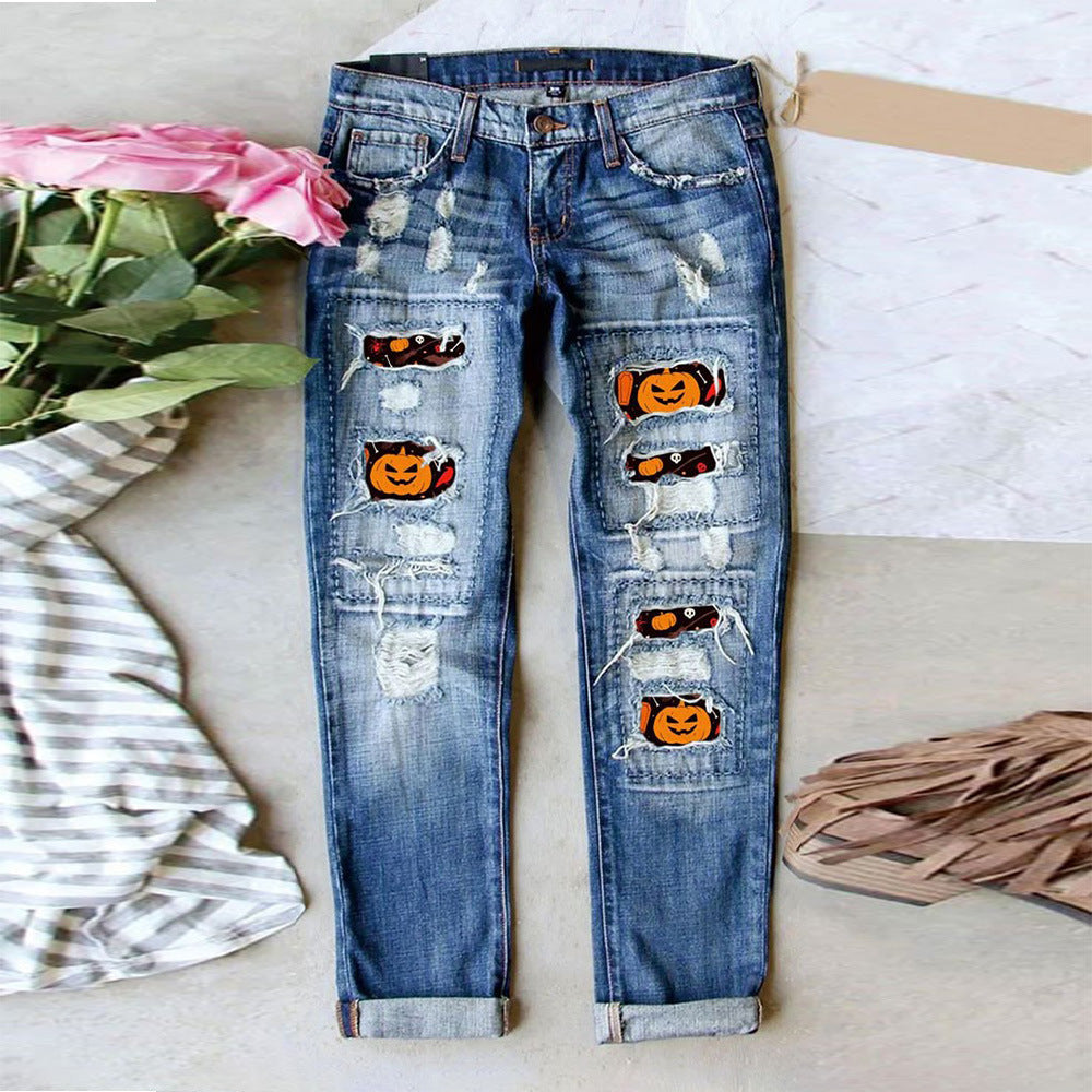 Damen Ripped Jeans mit Halloween-Motiv Drune