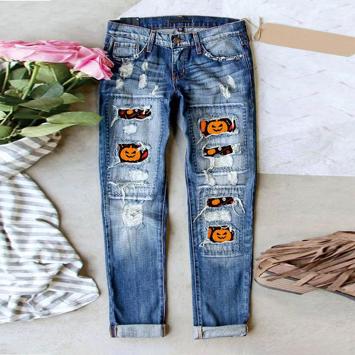 Damen Ripped Jeans mit Halloween-Motiv Drune
