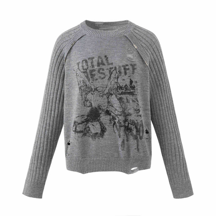 Damen Grobgestrickter Distressed Raglanpullover mit Retro-Grafikprint Drune