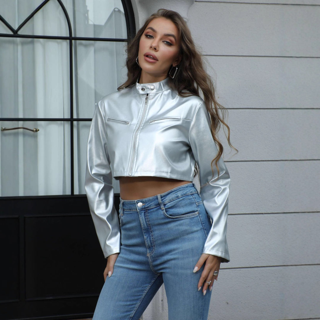 Damen Kurze glänzende Kunstleder-Bikerjacke mit Stehkragen Drune