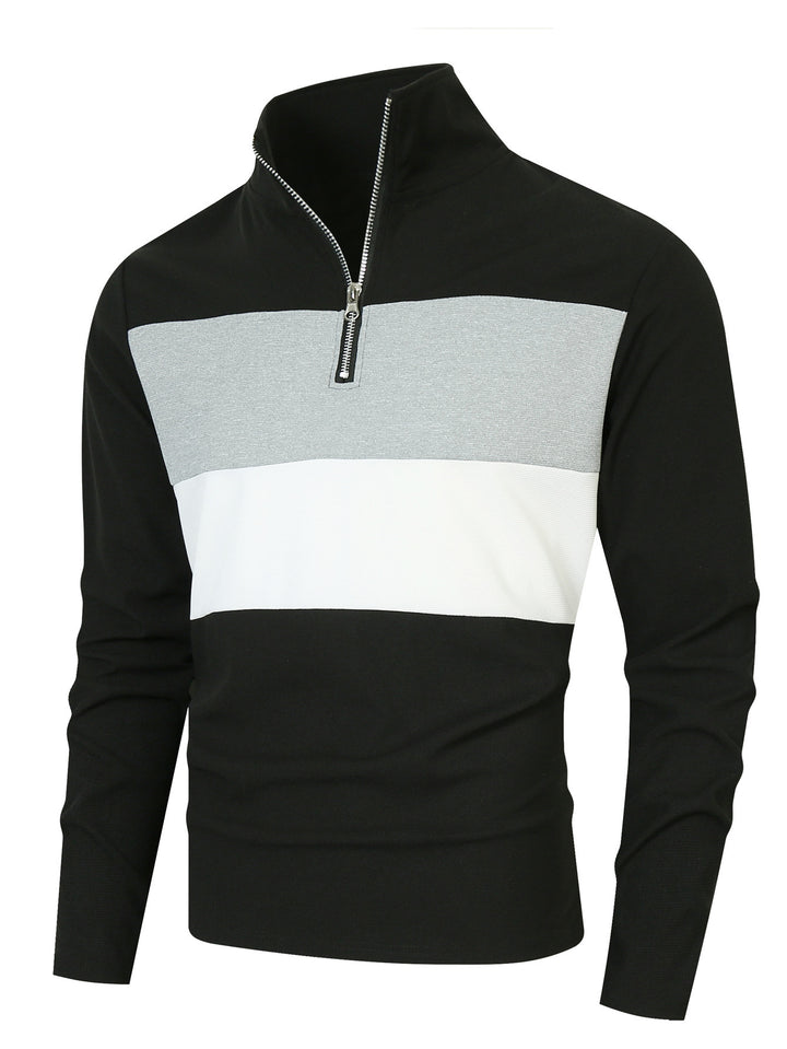 Herren Halbzip-Pullover mit Stehkragen, breitem Blockstreifen und fein gerippter Struktur Drune
