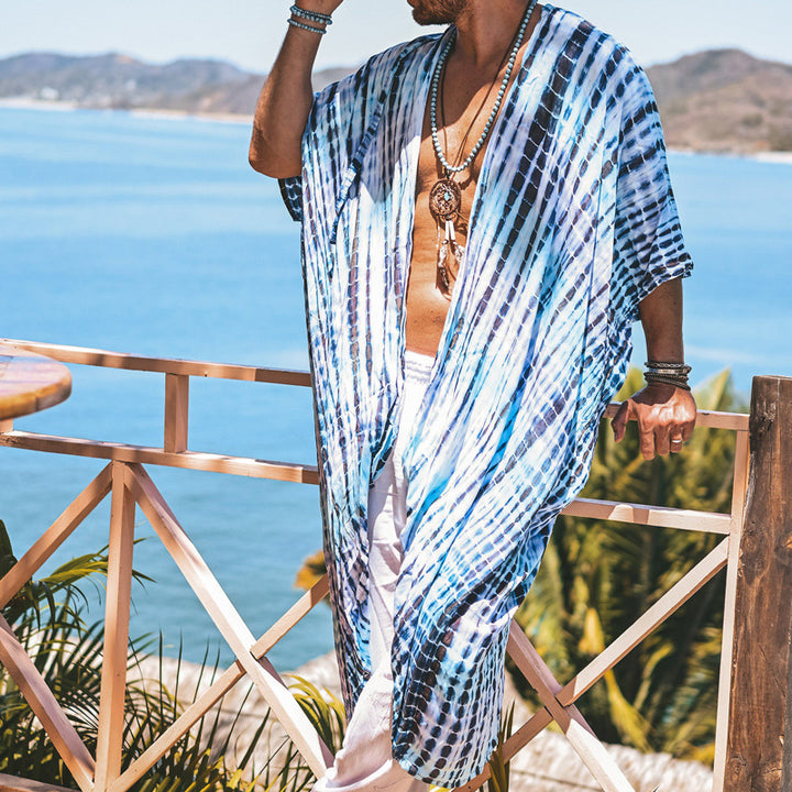 Herren Langer Strandkaftan im Batik-Look aus leichtem Viskose‑Mix Drune