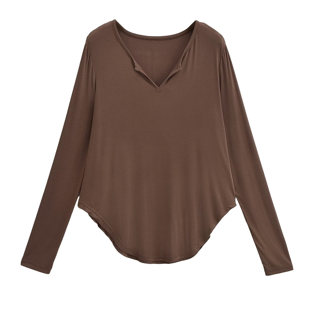 Damen lässiges Longsleeve-Oberteil mit V-Ausschnitt und geschwungenem Saum Drune