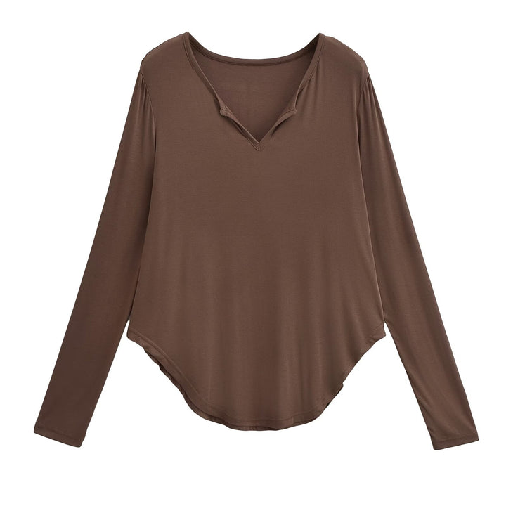 Damen lässiges Longsleeve-Oberteil mit V-Ausschnitt und geschwungenem Saum Drune