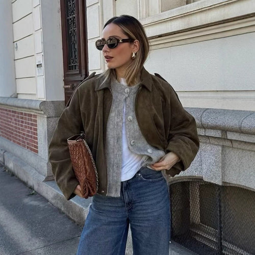 Damen Kurze Boxy‑Jacke im Oversize Wildleder‑Look mit Ballon‑Saum Drune
