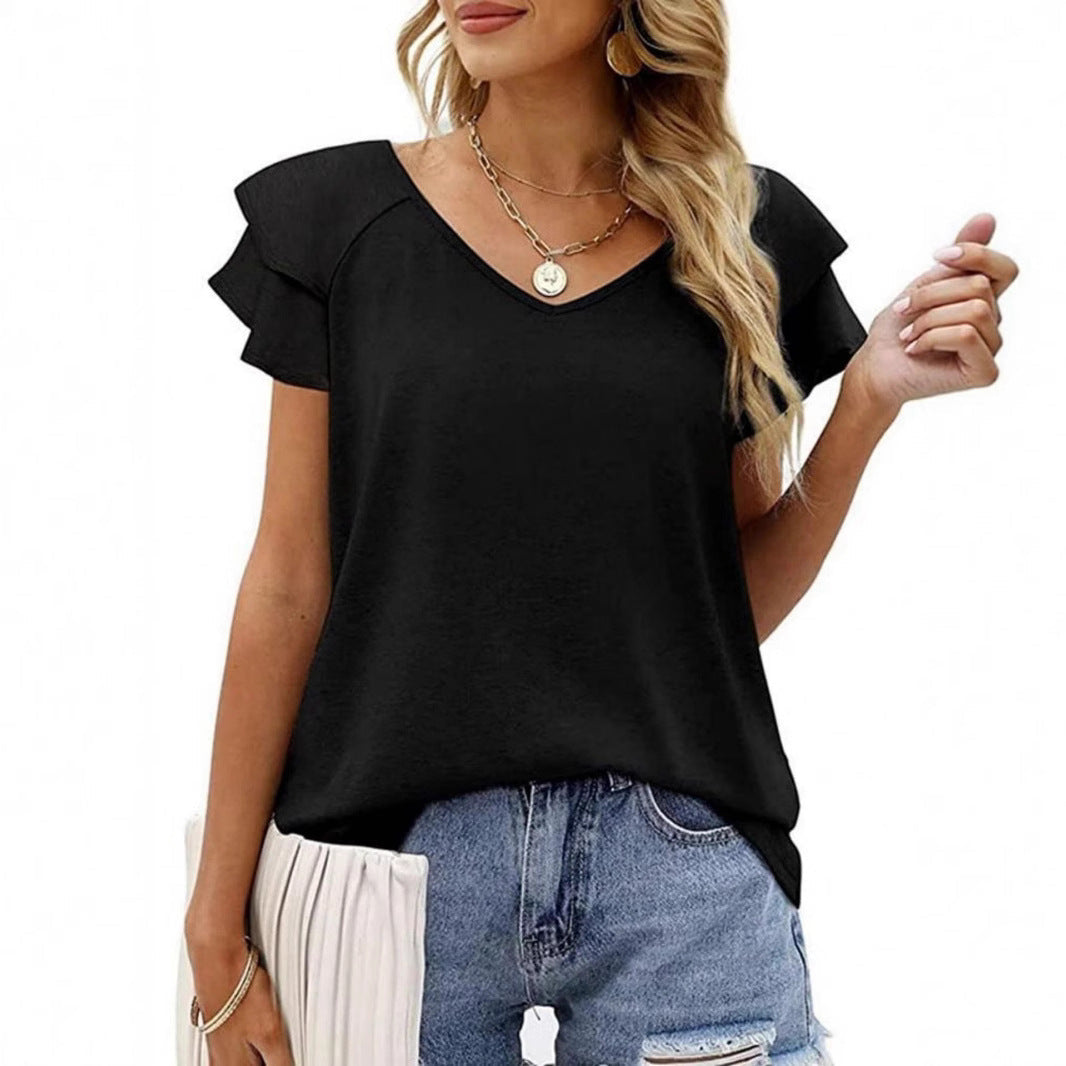 Damen V-Ausschnitt T-Shirt mit Rüschendetails Drune