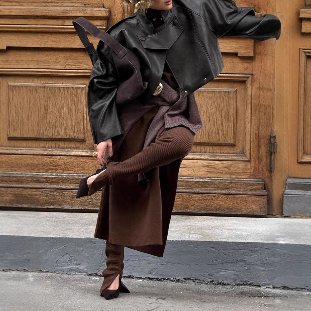 Damen Elegante Lederjacke mit strukturiertem Design und asymmetrischem Schnitt Drune