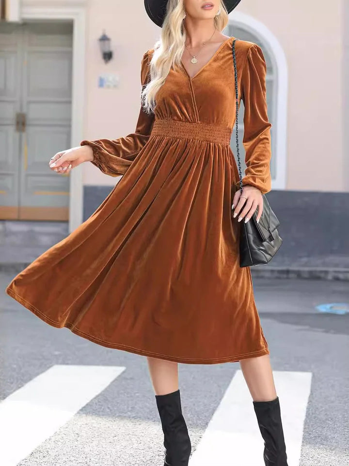 Damen Midikleid aus Samt mit V-Ausschnitt, geraffter Smock-Taille und langen Ballonärmeln Drune