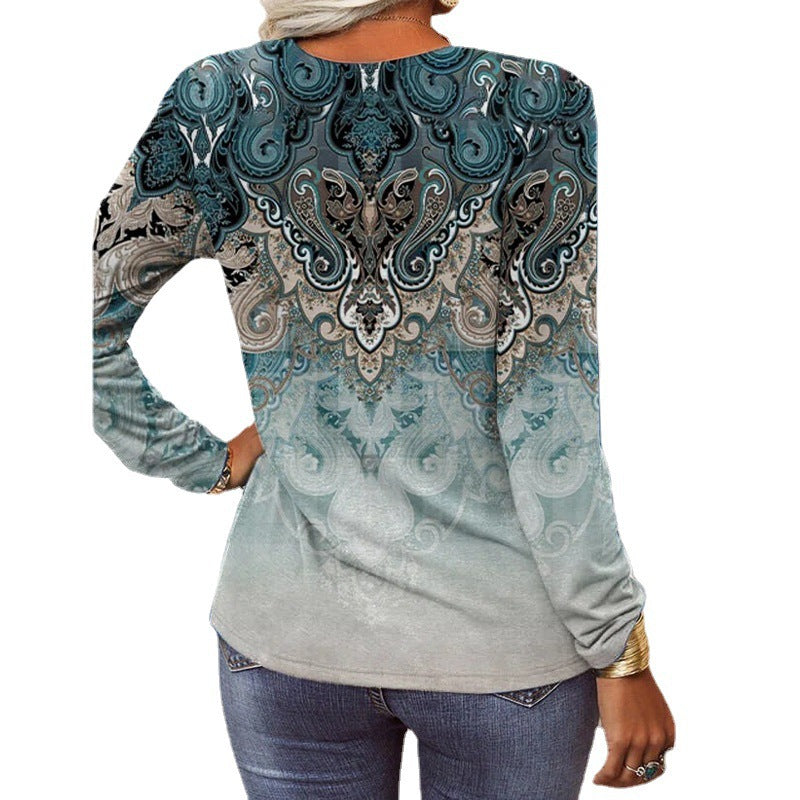 Damen Lockeres Langarm‑Henleyshirt mit V‑Ausschnitt, Knopfleiste und Ombre‑Print Drune