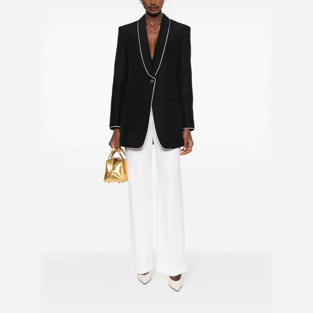 Damen Oversize-Blazer im Smokingstil mit kontrastierender Paspelierung und Ein-Knopf-Front Drune