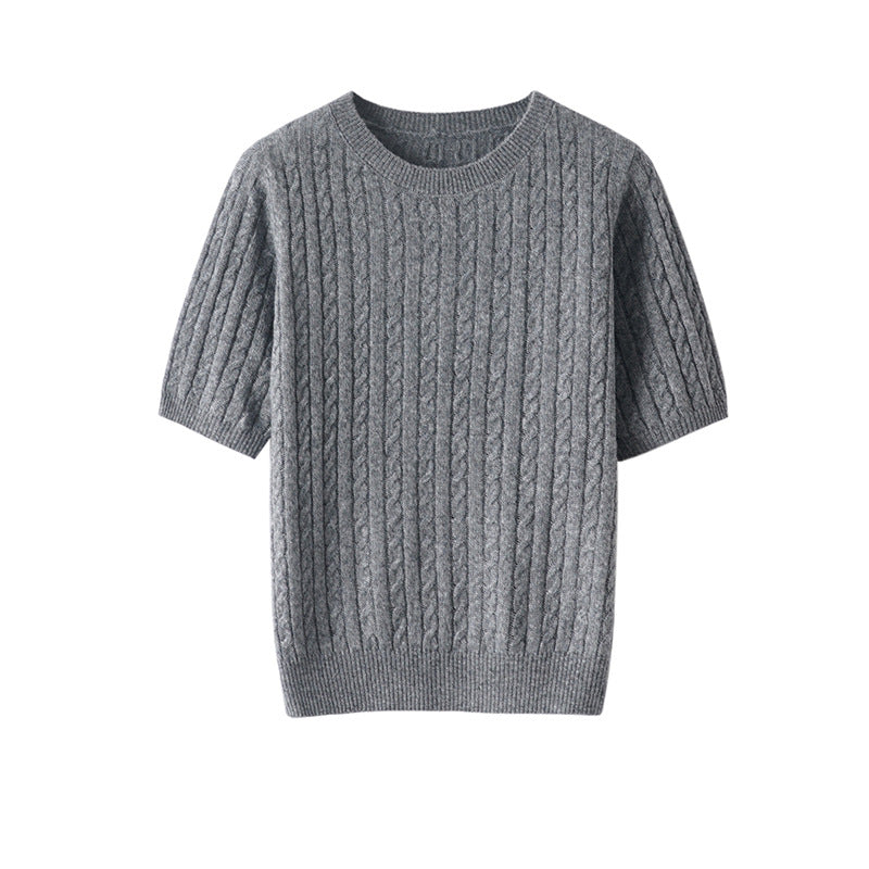 Damen Kurzarm-Strickpullover mit Zopfmuster und feinem Rundhalsausschnitt Drune
