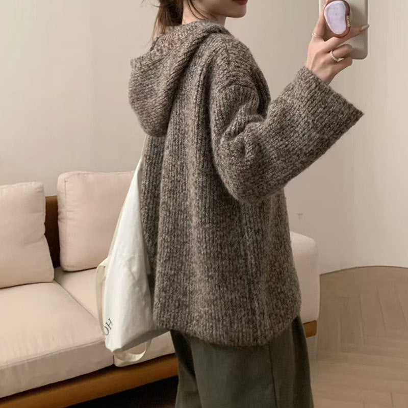 Damen bequemer Strickpullover mit Knopfleiste und Kapuze Drune