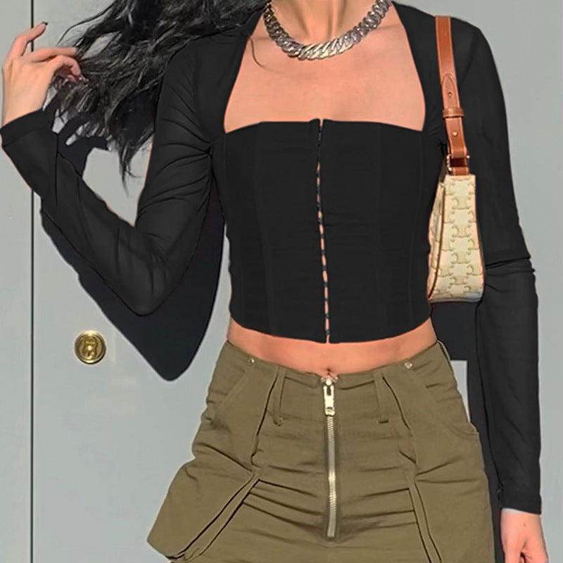 Damen Cropped Oberteil mit transparenten Ärmeln und strukturiertem Schnitt Drune