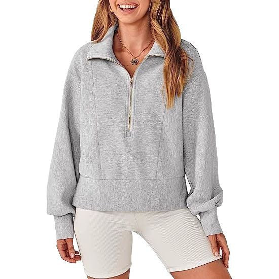 Damen Halb-Zip Kragen Entspannt Sweatshirt Pullover mit Rippbund und -manschetten Drune
