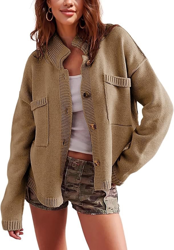Damen lässige Strickjacke mit aufgesetzten Taschen und Knopfverschluss Drune