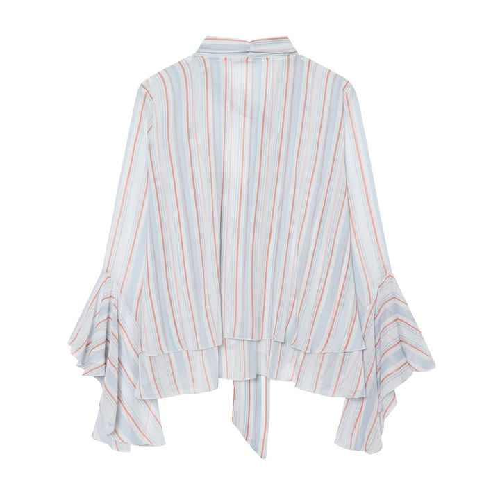 Damen Leichte Chiffonbluse mit Schluppe, Volant-Saum und ausgestellten Trompetenärmeln Drune