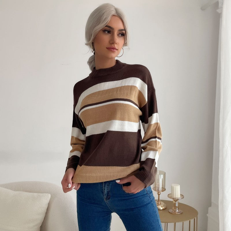 Damen Langärmliger Ringel-Feinstrickpullover mit kurzem Stehkragen und legerer Silhouette Drune