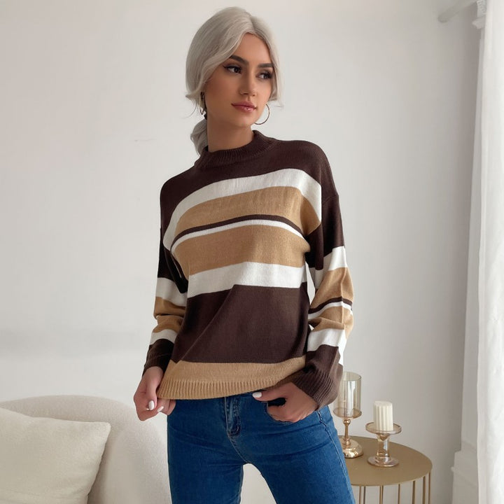 Damen Langärmliger Ringel-Feinstrickpullover mit kurzem Stehkragen und legerer Silhouette Drune