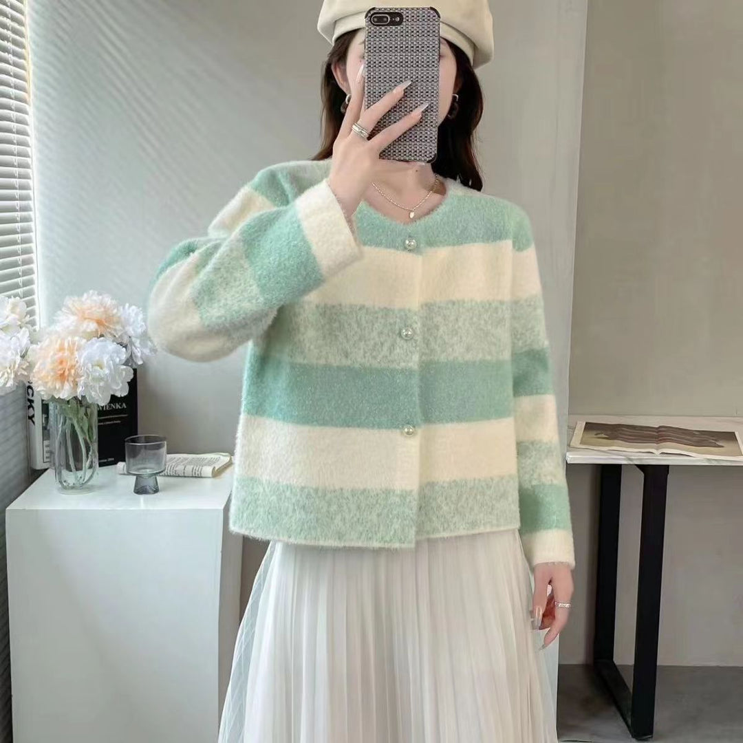 Damen Flauschiger Grobstrick-Cardigan mit Perlenknöpfen Drune
