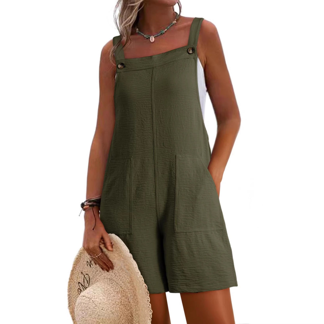 Damen Lässiger Kurz-Overall mit Trägern, Fronttaschen und Leinenoptik Drune