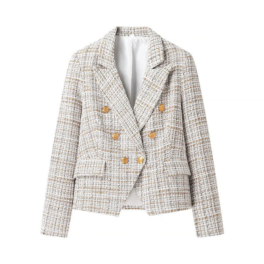 Damen nan tailliertes Bouclé‑Tweed Zweiteiler‑Set mit Doppelreiher‑Blazer und A‑Linien‑Shorts Drune