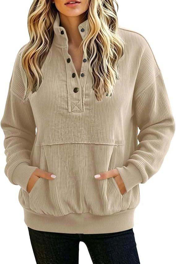 Damen gerippter Henley-Pullover mit Stehkragen und Kängurutasche Drune