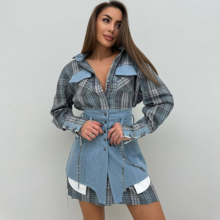 Damen modisches Hemdblusenkleid mit Denim-Elementen Drune