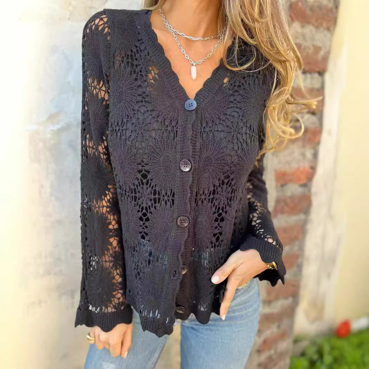 Damen Häkel-Cardigan mit floralem Design und Knopfverschluss Drune