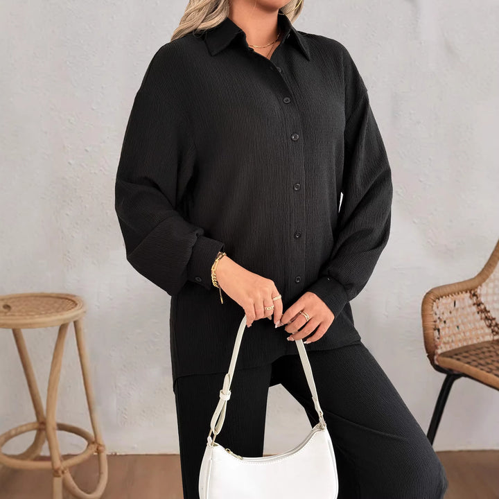 Damen Geripptes Oversize-Hemd mit Hemdkragen und Ballonärmeln Drune