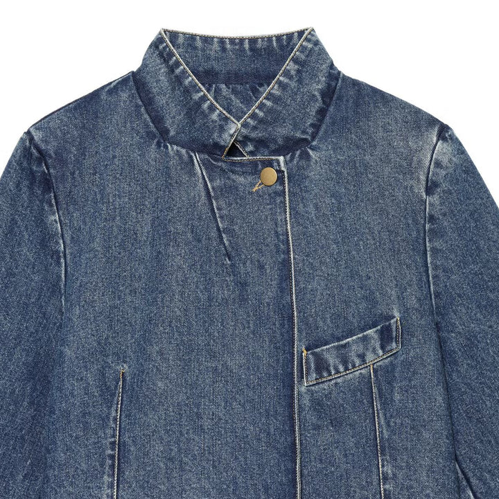 Damen Boxy Cropped Jeansjacke mit Stehkragen und dreiviertel Ärmeln Drune