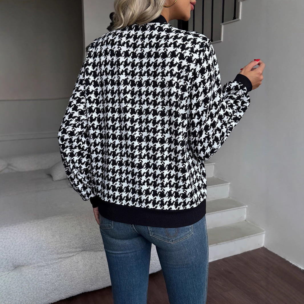 Damen Modischer Bomberjacke mit klassischem Hahnentrittmuster Drune