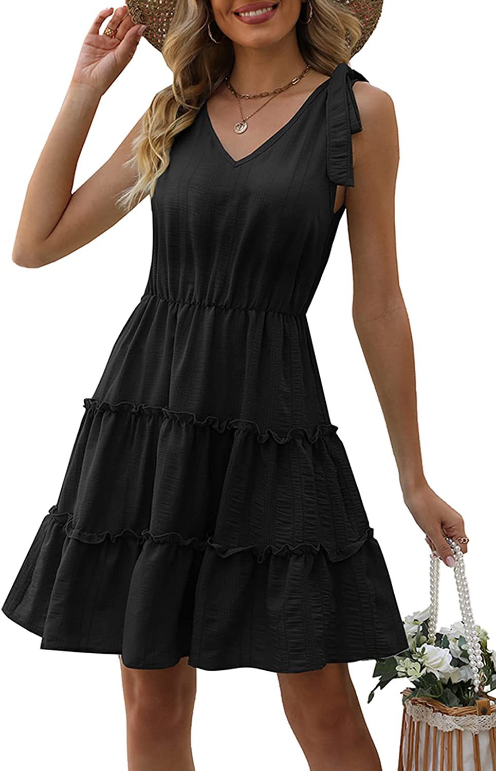 Damen ärmelloses Sommerkleid mit Rüschen und V-Ausschnitt Drune