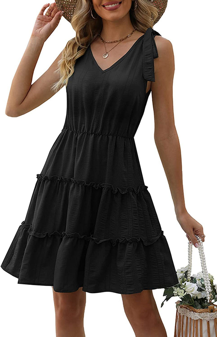 Damen ärmelloses Sommerkleid mit Rüschen und V-Ausschnitt Drune
