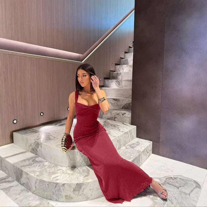 Damen Glitzerndes Maxikleid mit Carmen-Ausschnitt und figurformendem Schnitt Drune