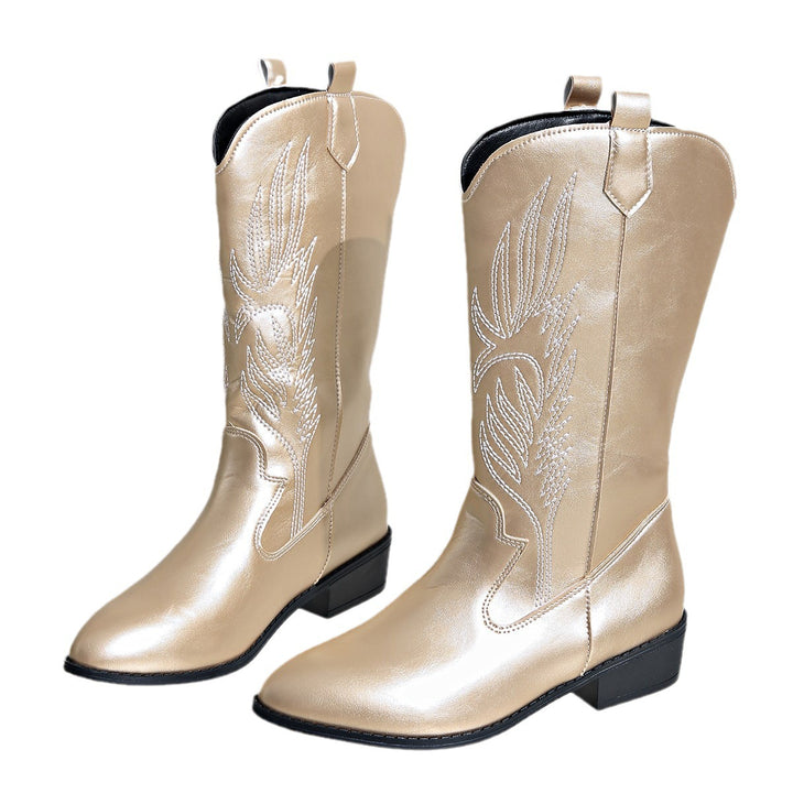 Damen Cowgirl-Kniehoher Stiefel mit dekorativer Stickerei, Pull‑Tabs und komfortablem Blockabsatz Drune