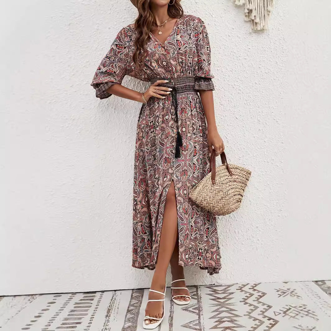 Damen Maxikleid mit verspieltem Paisley-Muster und seitlichem Schlitz Drune