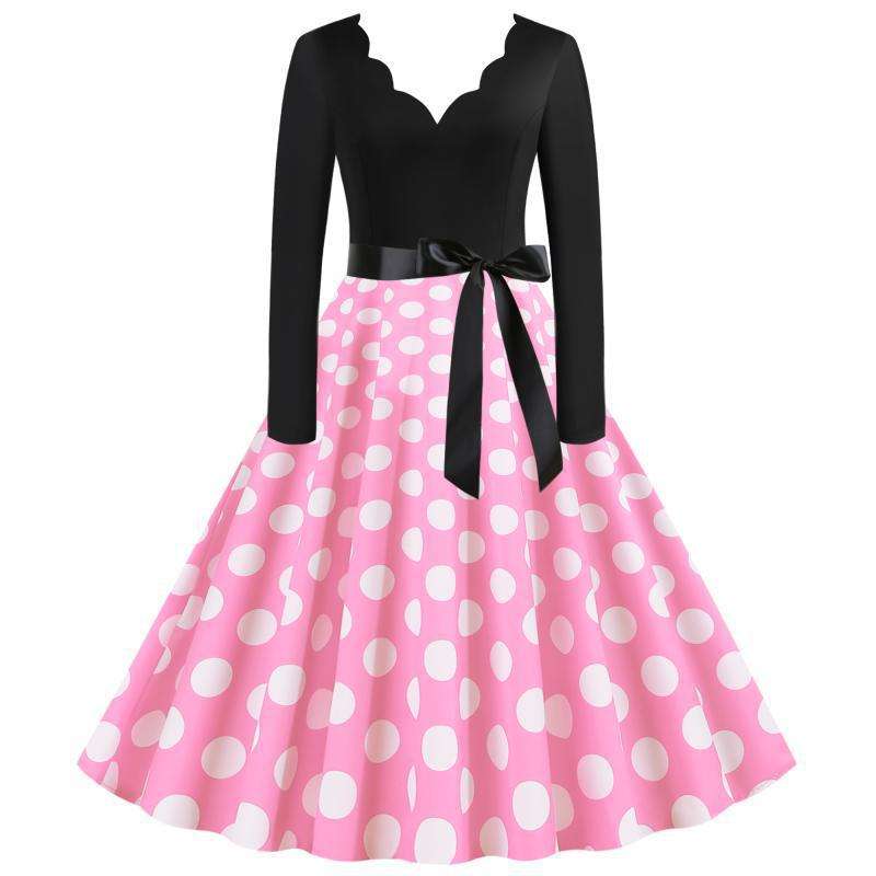 Damen Retro-Swingkleid mit langen Ärmeln tailliertem Oberteil gepunktetem Tellerrock und Schleifengürtel Drune