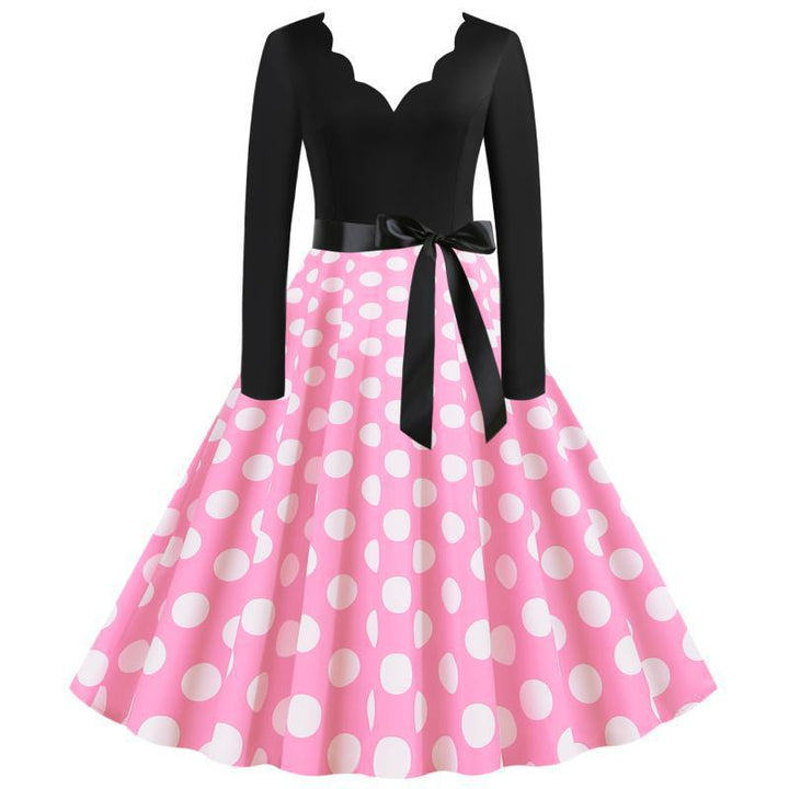 Damen Retro-Swingkleid mit langen Ärmeln tailliertem Oberteil gepunktetem Tellerrock und Schleifengürtel Drune
