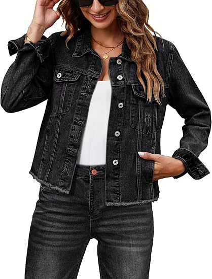Damen Kurz geschnittene Denim-Jacke mit fransigem Saum und Brusttaschen Drune
