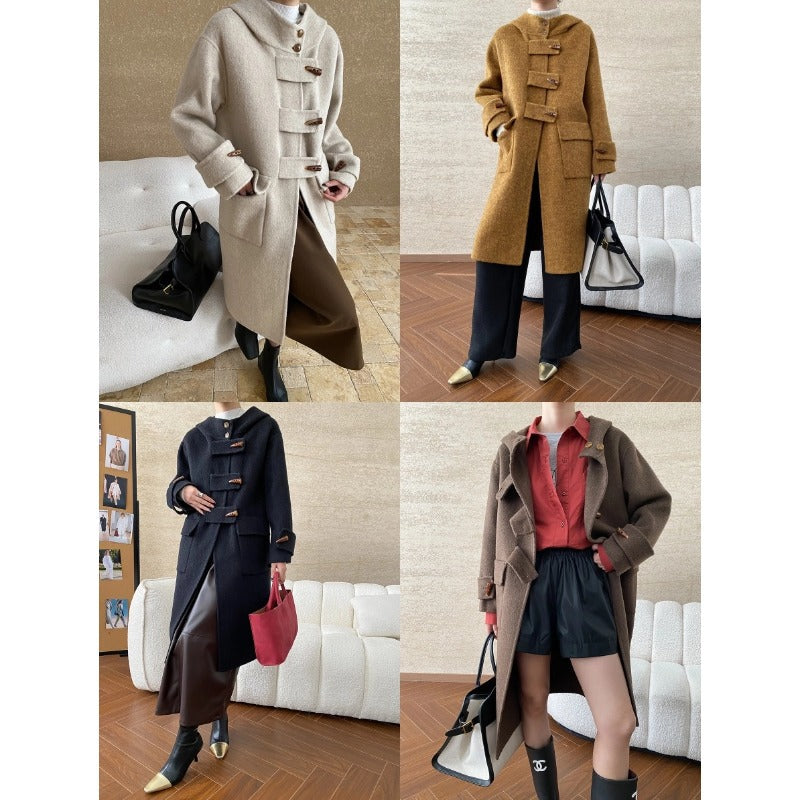 Damen eleganter Wollmantel mit Kapuze und großen Knöpfen Drune