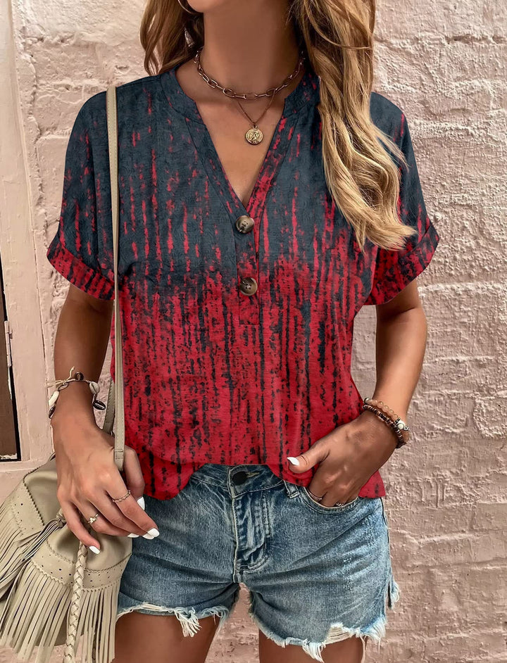Damen Lässiges Kurzärmliges Blusenshirt mit Verspieltem Paisleymuster und Modernen Knopfdetails Drune