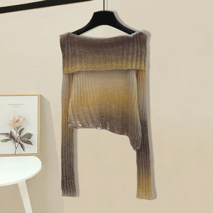 Damen modischer asymmetrischer Pullover mit Off-Shoulder-Ausschnitt und Rippenstruktur Drune