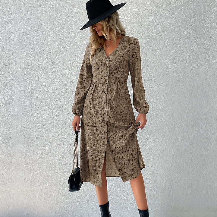 Damen V‑Ausschnitt Midikleid mit Knopfleiste, taillierter Schnitt und Ballonärmeln Drune
