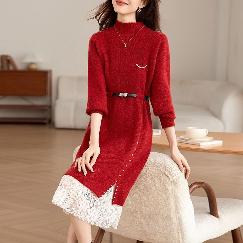 Damen Strickkleid mit modischen Perlendetails und elegantem Gürtel Drune