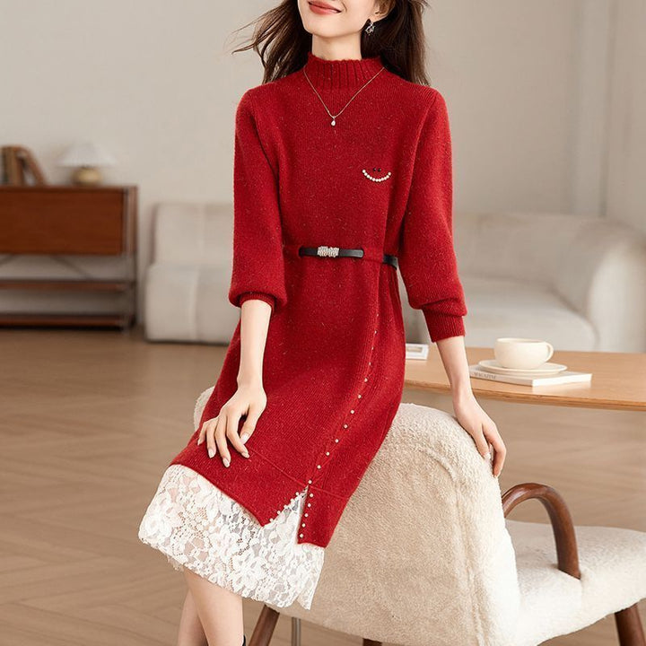 Damen Strickkleid mit modischen Perlendetails und elegantem Gürtel Drune