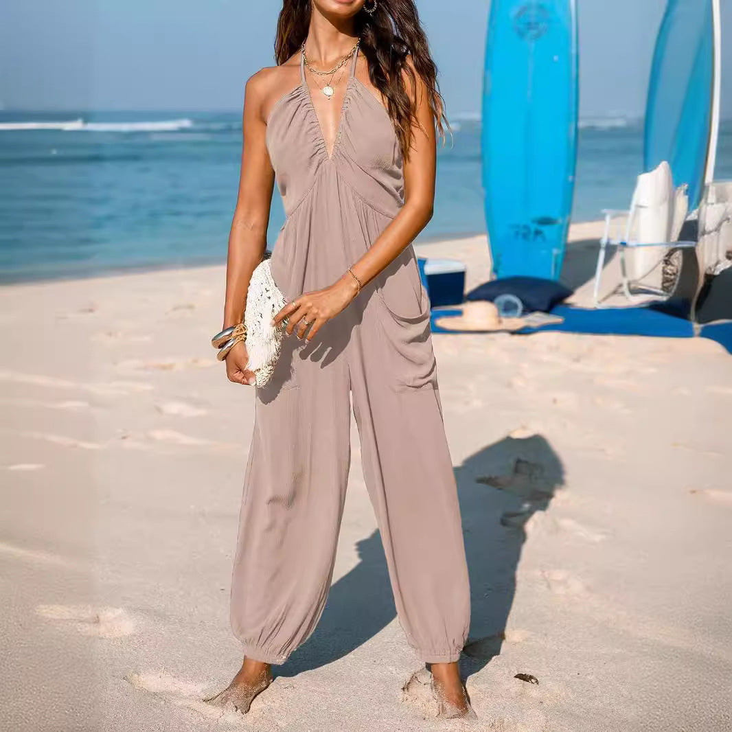 Damen luftiger Jumpsuit mit tiefem V-Ausschnitt und praktischen Taschen Drune