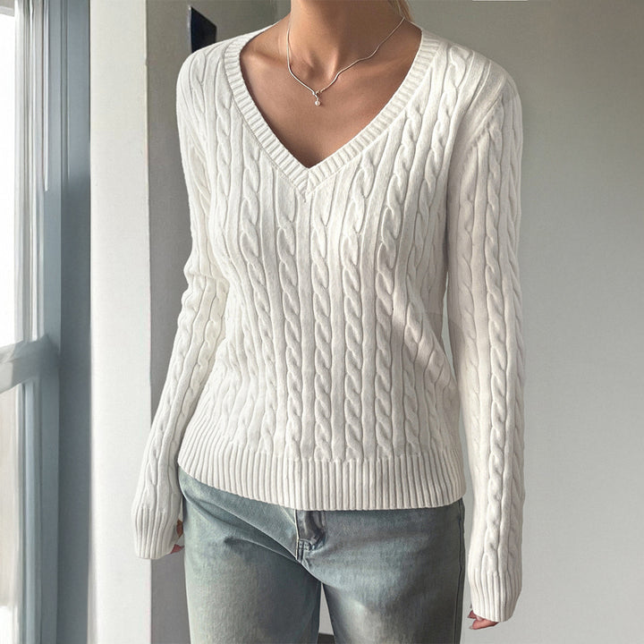 Damen Kuscheliger V-Ausschnitt Strickpullover mit Zopfmuster Drune